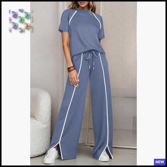 Casual Two Piece Lounge Set Wide Leg Pants Oversized Chic Summer Outfits - Picture 2 of 7